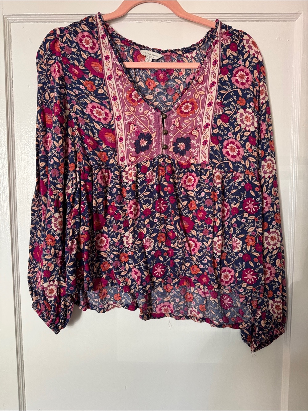 Lucky Brand Navy Floral Embroidered Peasant Blouse